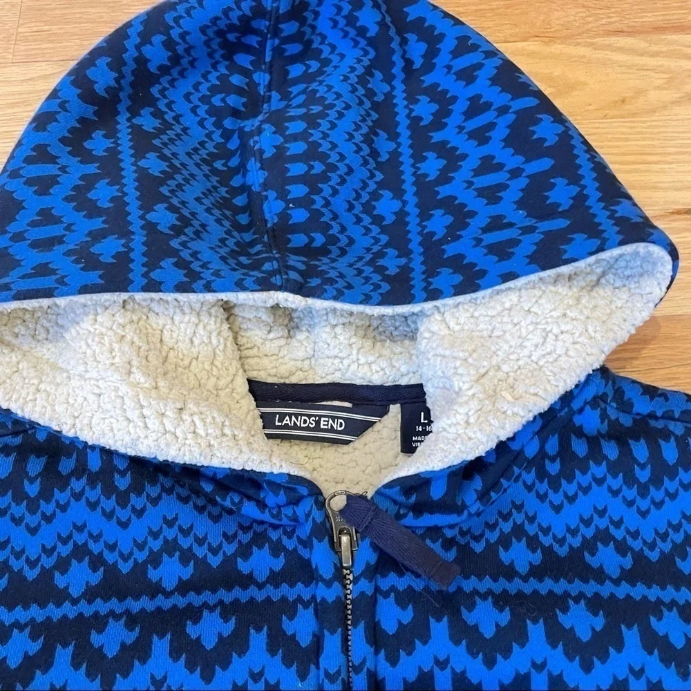 Lands’ End Sherpa jacket zip hoodie youth L blue black geometric ikat pattern